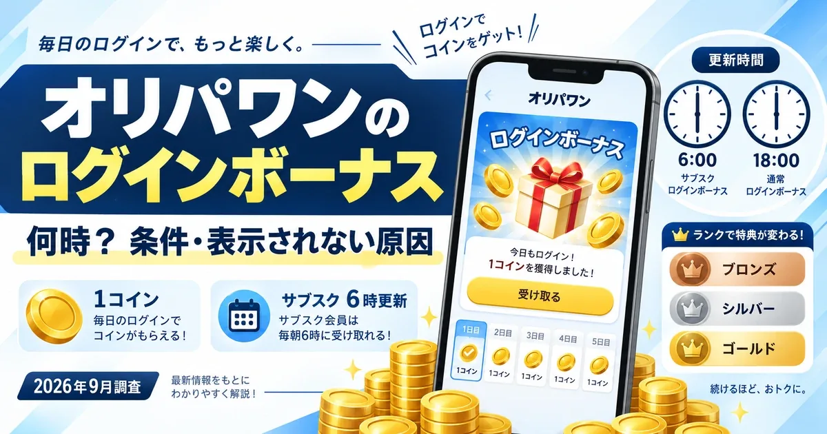オリパワンのログインボーナスは何時？1コイン・ランク別条件と表示されない原因