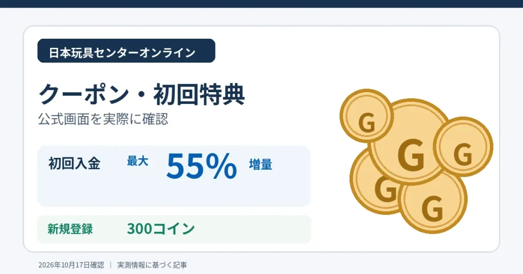 日本玩具センターのクーポン情報・新規登録300コインと初回最大55％増量の解説記事